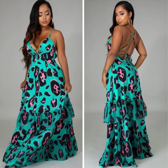 🌸 ANIMAL PRINT DRESS MAXI LONG RUFFLE BOTTOM LEOPARD SLEEVELESS V NECK FLARE - Picture 3 of 4